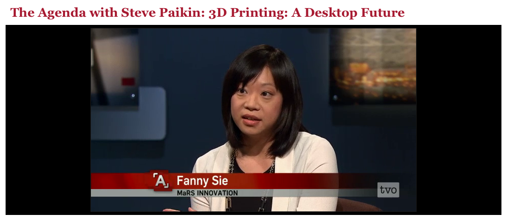 MaRS Innovation Project Manager Fanny Sie discusses 3D printing, the Bioprinter technology and the implications for society and human health on TVO's The Agenda.
