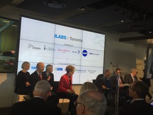 Premier Kathleen Wynne, Mayor John Tory, and Reza Moridi ready for the JLABS @ Toronto Launch
