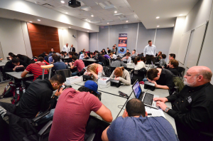 Nearly 100 U of T students attended OtoSim Night. OtoSim™ inventors Forte and Campisi are visible in the back left corner; CEO Dr. Andrew Sinclair is seated in the bottom right.