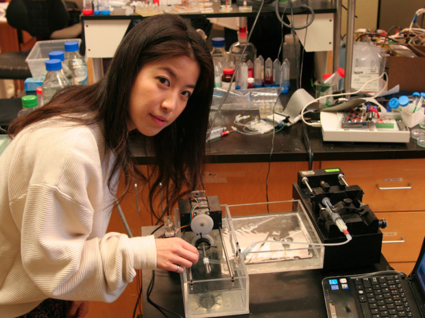 University of Toronto PhD student Lian Len with a prototype tissue printer. Photo courtesy of Dominic Ali (University of Toronto)